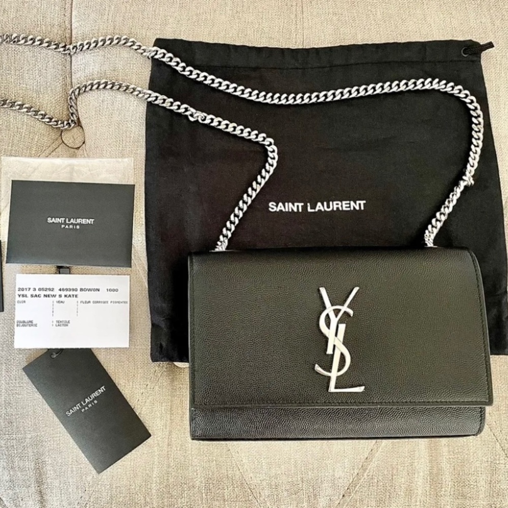 Saint Laurent Kate Small Black Grain de Poudre Leather Crossbody Bag w/ Silver